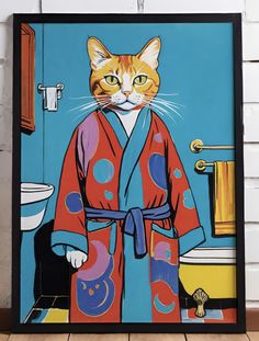 a painting of a cat in a bathrobe