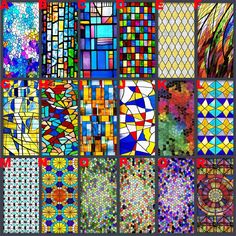 a collage of stained glass panels with different colors and patterns on them, all in various