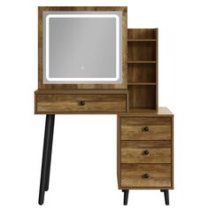 a wooden desk with a mirror and drawers