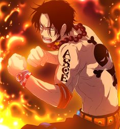 an anime character with tattoos on his arm and chest, sitting in front of flames