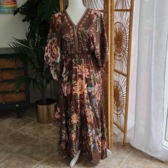 Farm Rio Floral Midi, Ruched Side With Tie, Kaftan Sleeve. Size M. Very Light And Air, Boho Vibes. Brown V-neck Maxi Dress For Festival, Brown Long Sleeve Boho Dress For The Beach, Long Sleeve Brown Boho Dress For The Beach, Bohemian Brown Flowy Maxi Dress, Flowy Brown Bohemian Maxi Dress, Brown Fitted Bohemian Boho Dress, Brown V-neck Boho Dress For Festival, Spring Festival Brown Boho Dress, Bohemian Brown V-neck Boho Dress