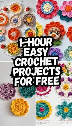 four different crochet projects with the words 1 hour easy crochet projects for free