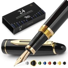 the fountain pen is next to its box and it's gold trimmings