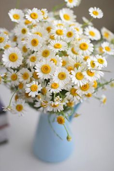 a blue vase filled with white and yellow daisies