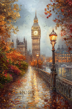 a painting of the big ben clock tower in london, england with autumn leaves on the ground