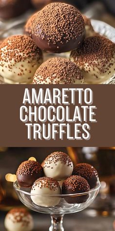 chocolate truffles on a plate with the words amarettoo chocolate truffles