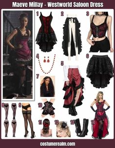 many different outfits and accessories are shown in this image, including dresses, stockings, boots,