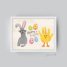 an easter card with the words happy easter and two rabbits holding painted eggs in front of them