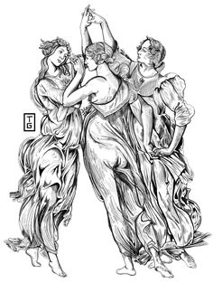 an ink drawing of three women dancing with one holding the other's arm up