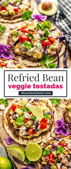 three tortillas with different toppings on them and the title reads refried bean veggie tostadas