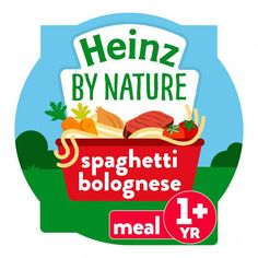 a red container filled with meat and vegetables next to a sign that says meinz by nature