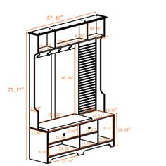 a drawing of an armoire with drawers and cupboards in the bottom section, showing measurements