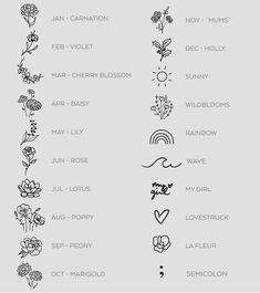 the different types of flowers are shown in black and white on a gray background,