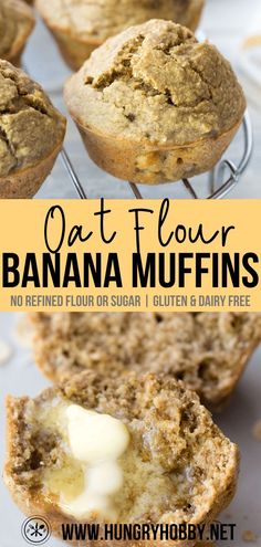 banana muffins on a cooling rack with the text overlay reading oat flour banana muffins