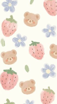 a wallpaper with teddy bears and strawberries on it