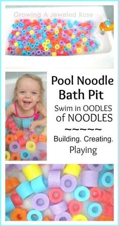 a collage of photos with the words pool noodle bath pit swim in oddies of noodles and building, creating playing