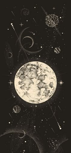 the earth is surrounded by stars and planets in black and white, as well as an image