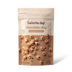 a bag of chocolate chip cookies on a white background with the title favorite day chocolate chip