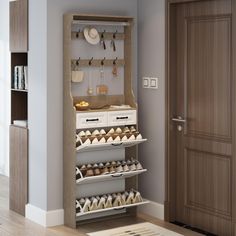 a wooden shoe rack with several pairs of shoes on it in front of a door