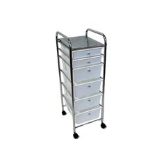 a metal cart with five drawers and wheels on the bottom, in front of a white background