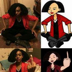 three different pictures of a woman sitting on the floor with her fingers in the air