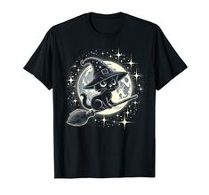 a black t - shirt with an image of a cat on the moon wearing a witches hat