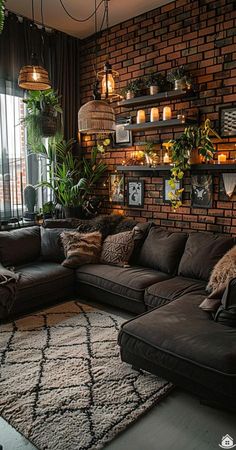 Living Room Decor Brown, Room Decor Brown, Living Room Decor Brown Couch, Dark Living Rooms, Brown Couch, Living Room Decor Fireplace, Industrial Livingroom, Industrial Living, Dark Home