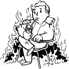 a black and white drawing of a man sitting on a chair in front of a fire