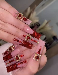 15 Nails Ideas Red, Red Long Nails With Gems, Red French Nails With Rhinestones, Red Glam Nails Rhinestones, Red Acrylic Nails With Charms, Glam Red Nails, Red Nails Quinceanera, Red Jewel Nails, Quince Ideas Red