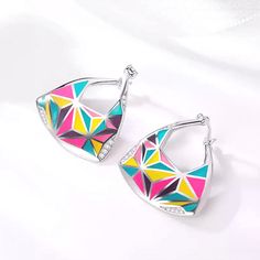 Vivacious Enamel Sterling Silver Hoop Earrings - Ella Moore Sterling Silver Hoop Earrings, Pink Turquoise, Sterling Silver Hoops, Colorful Design, Silver Hoops, Silver Hoop Earrings, Elegant Gift, Blue Yellow, Enchanted