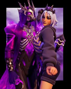 an animated image of two people dressed up as characters from overwatch, one in purple and the other in black