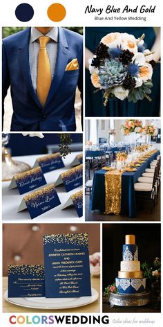 Blue Gold Wedding Centerpiece, Navy Blue Cream And Gold Wedding, Navy Blue And Yellow Wedding Theme, Gold Blue Wedding Theme, Wedding Colors Blue And Gold, Wedding Color Palette With Gold, Navy And Gold Bouquet, Blue And Gold Beach Wedding, Navy Blue And Gold Wedding Cake