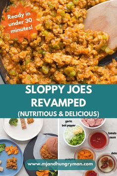 the recipe for sloppy joes is shown in this collage