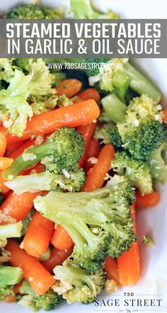 steamed vegetables in garlic and oil sauce on a plate with text overlay that reads steamed vegetables in garlic and oil sauce