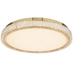 a round light fixture with crystal beads on the rim and an oval glass shade in gold