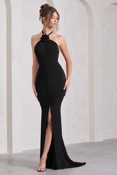 Holly Black Ruched Halter-Neck Split Fishtail Maxi Dress – Club L London - USA Floral Corsage, Fishtail Maxi Dress, Velvet Prom Dress, Black Dress Prom, Fishtail Skirt, Black Tie Gala, Flower Corsage, Holly Black, Party Dress Long Sleeve