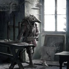 a painting of a man with a bird mask standing next to a table in an old - fashioned room