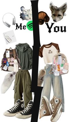 a collage of various items including shoes, clothing and other things in the image