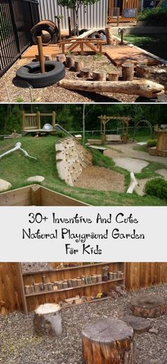 an outdoor play area made out of logs and wood with text overlay that reads 30 +