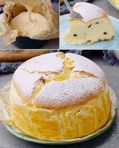 several pictures of different types of cakes with icing on them and one has a knife in it