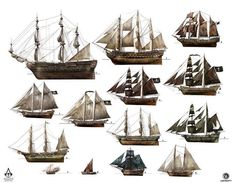 a bunch of ships that are sitting in the water together, all with sails down