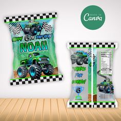 two bags of candy with monster trucks on them