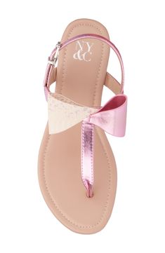 A slim-soled slide sandal is secured with an ankle strap and features a mixed metallic bow to ensure eye-catching appeal. Adjustable strap with buckle closure  Synthetic upper and lining, rubber sole Imported Cheap Pink Sandals With Buckle Closure, Pink Flat Sandals With Adjustable Strap, Pink Ankle Strap Sandals With Bow, Pink Non-slip Flat Sandals, Pink Adjustable T-strap Sandals, New York And Company, Thong Sandals, Slide Sandals, Adjustable Straps