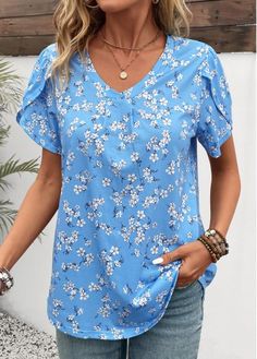 Color:Sky Blue;Size:XL;Package Contents:1 X T Shirt;Occasion:Other;Style:Casual; Light Blue Printed Casual Tops, Casual Light Blue Printed Top, Light Blue Printed V-neck Top, Trendy Blue Floral Print T-shirt, Blue Floral Print Crew Neck Blouse, Light Blue Floral Print V-neck Top, Light Blue Short Sleeve Tops With Printed Details, Light Blue Printed Short Sleeve Tops, Light Blue Short Sleeve Tops With Prints