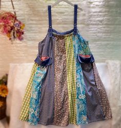 Female Ibiza Cotton Linen Patchwork Overalls Swing Skirt Summer Beach Bohemian Boho Gypsy Hippie Patchwork Overalls, Linen Patchwork, Beach Bohemian, Skirt Summer, Big Pockets, Suspender Skirt, Bohemian Beach, Pinafore Dress, Mori Girl