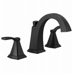 two faucets with black handles and nozzles