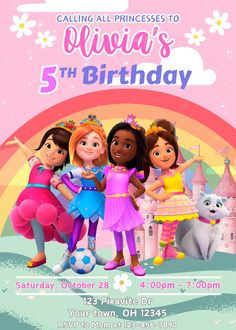 a birthday party with princesses and unicorns on the front, including a rainbow in the background