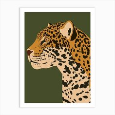 a painting of a leopard's head in brown, black and tan colors on a green background