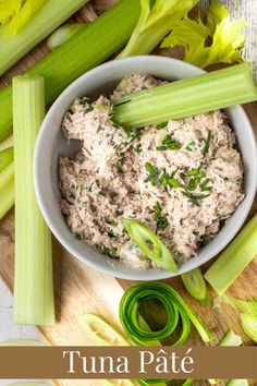 Tuna pate in a white bowl on a wooden serving board, surrounded by celery sticks. Tuna Pate, Cheese And Onion Pasty, Healthy Dip Recipes, Pate Recipes, Celery Sticks, Healthy Tuna, Filling Lunch, Canned Tuna, Carrot Sticks