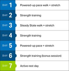 the four day workout plan is shown in blue and green, with three different levels to each